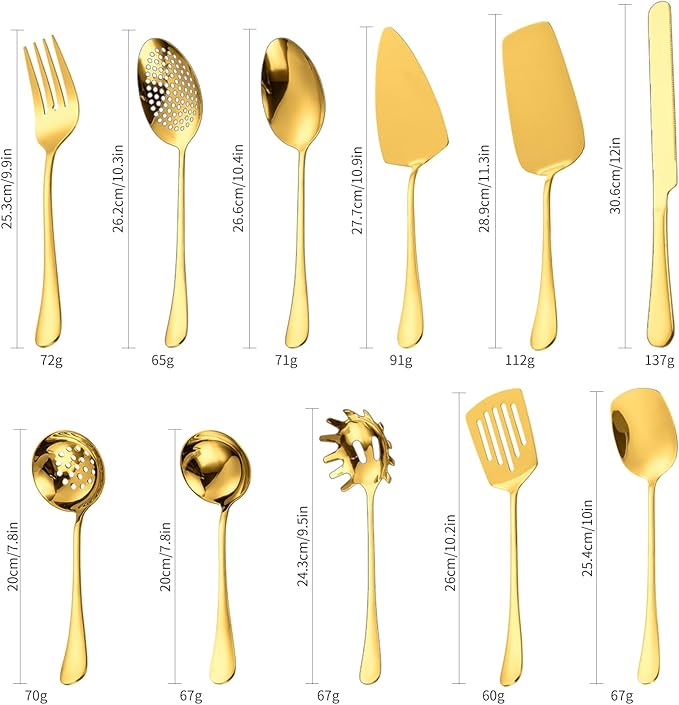 HOUSEWARE Gold Catering Utensils Set,11 Pieces Stainless Steel Flatware Serving Set for Buffet Party include Cake Knife Cutter Large Fork Spoon ladle Skimmer Spatula Turner Server