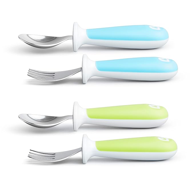 Munchkin® Raise™ Toddler Fork and Spoon Utensil Set, Rest Keeps Tip Off Table, BPA Free, 4 Pack, Blue/Green