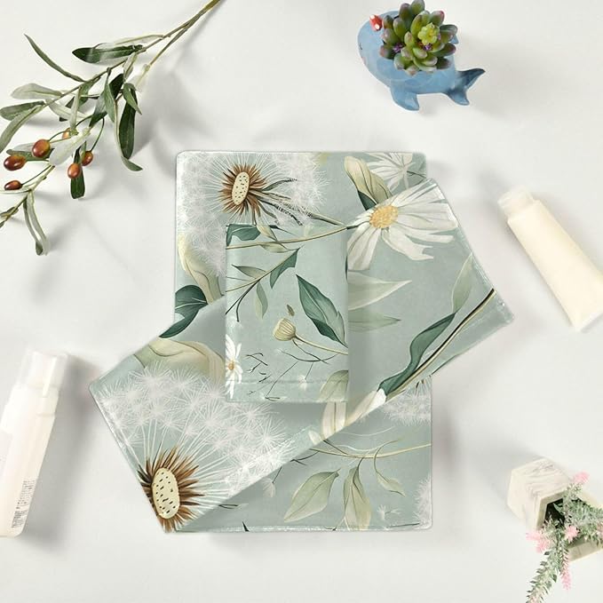 Sage Green Dandelion722 Decorative Towels for Bathroom Bath Towel Sets Absorbent Microfiber Fancy Beach Towels Bathroom Towel Washcloth Sets