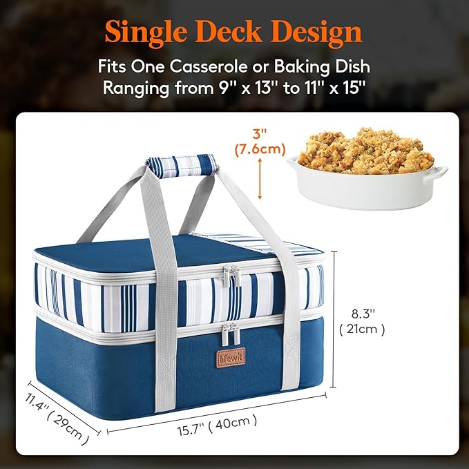 Lifewit Double Decker Insulated Casserole Carrier for Hot or Cold Food, Casserole Dish Carrying Case, Lasagna Holder for Potluck Parties Picnic Cookouts, Fits 9"x13" Baking Dish, Blue
