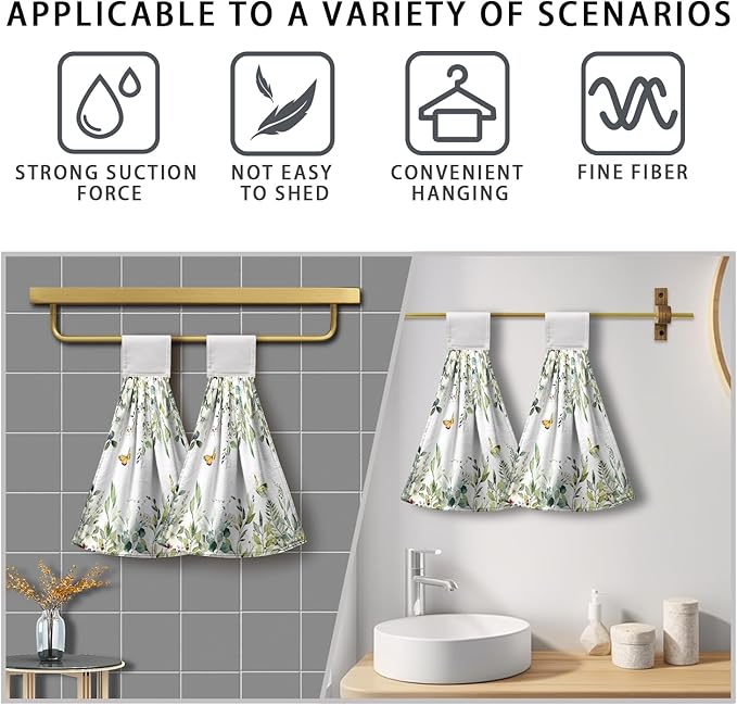 Eucalyptus Leaves Green Hanging Kitchen Towels Flowers Butterfly Hand Towels with Hanging Loop Sage Leaf Summer Dish Towel Washcloth Soft Tie Towel for Bath Kitchen