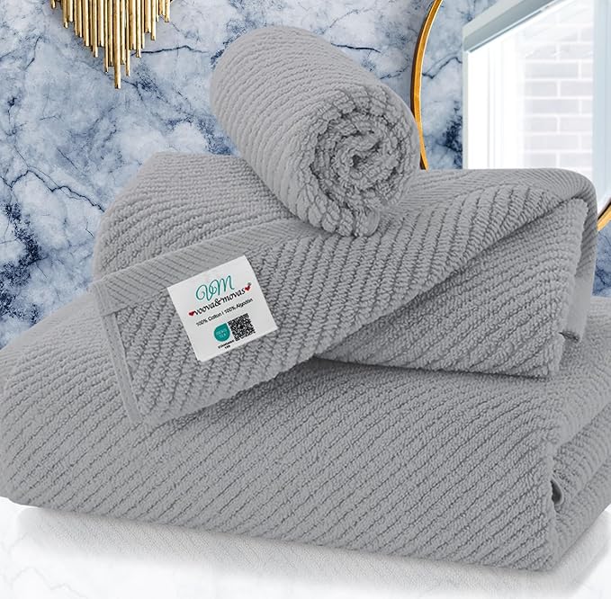 VOOVA & MOVAS Gray Towels for Bathroom - 100% Cotton | Quick Dry | Soft | Thick, 3 Piece Towel Set, 1 Large Bath 30" x 56", 1 Hand 18" x 28", 1 Wash Cloth 13" x 13", Bathroom Essentials, Grey