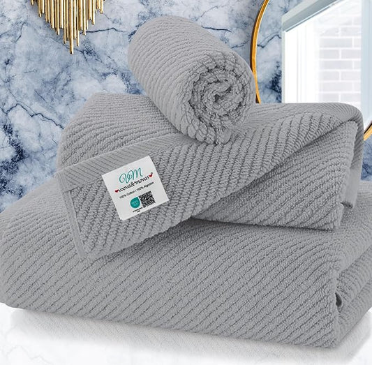 VOOVA & MOVAS Gray Towels for Bathroom - 100% Cotton | Quick Dry | Soft | Thick, 3 Piece Towel Set, 1 Large Bath 30" x 56", 1 Hand 18" x 28", 1 Wash Cloth 13" x 13", Bathroom Essentials, Grey