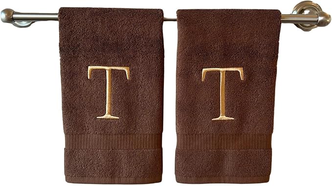 Brown Initial Hand Towel for Bathroom - Monogrammed Luxury Hotel Quality Decorative Embroidered Towel for Powder Room, Spa - GOTS Organic Certified - Set of 2 Beige Letter T