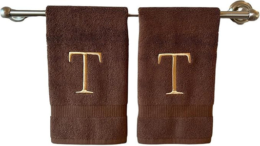 Brown Initial Hand Towel for Bathroom - Monogrammed Luxury Hotel Quality Decorative Embroidered Towel for Powder Room, Spa - GOTS Organic Certified - Set of 2 Beige Letter T