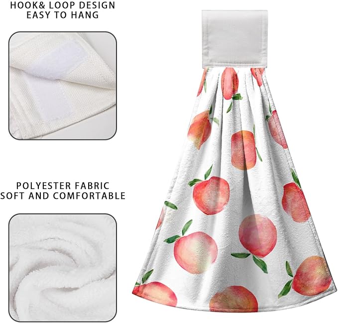 Peach Hanging Kitchen Towel Set of 2 Spring Summer Pink Fruit Hand Towels with Loop Decorative Tie Towels Soft Absorbent Hanging Dish Towel for Bathroom Kitchen Home Decor 17 * 12 Inch