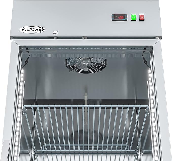 KoolMore Commercial Stainless-Steel Upright Freezer with Reach-In Self-Close Glass Door, 3 Storage Shelves, Heavy-Duty Caster Wheels, Frost-Free Temperature Control - 23 Cu.Ft [Silver] (RIF-1D-GD)