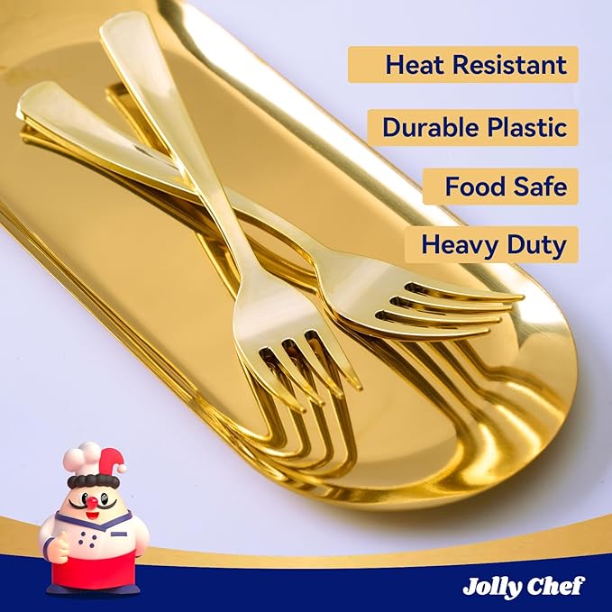 125 Count Gold Plastic Disposable Forks Heavy Duty, 7.28 Inch Heat Resistant Durable Gold Dinner Forks for Parties, Wedding, Daily Events