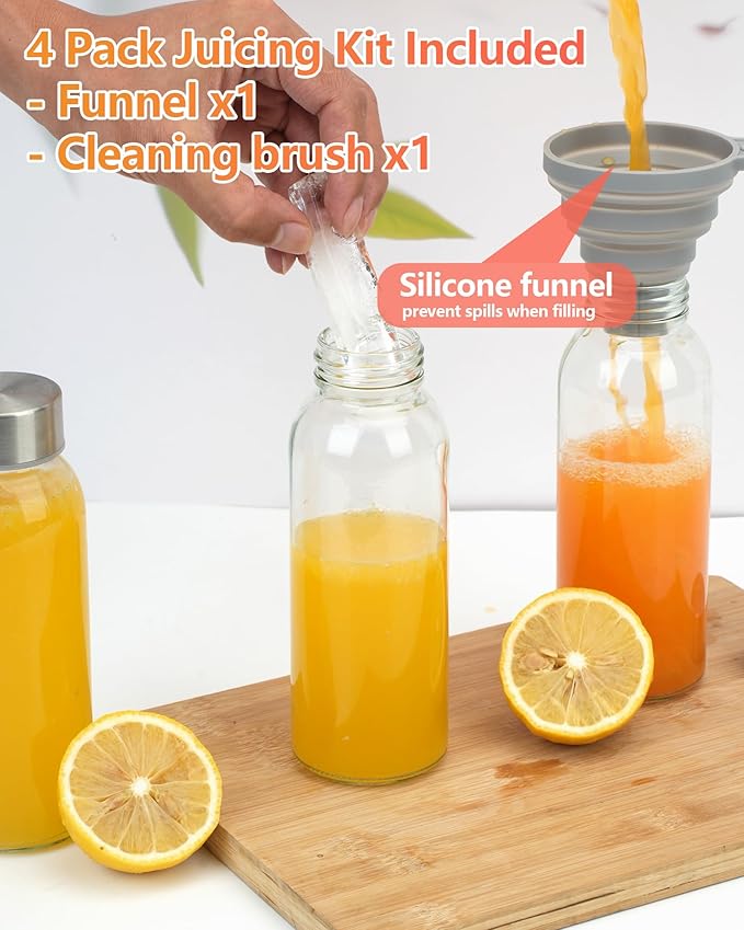 Zukro Glass Water Bottles with Lids 10.5 oz, 4 Pack Reusable Clear Glass Small Juice Bottles With Stainless Steel Cap for Juicing, Milk, Ginger Shot, BPA Free Leak Proof 300ml Drinking Jar