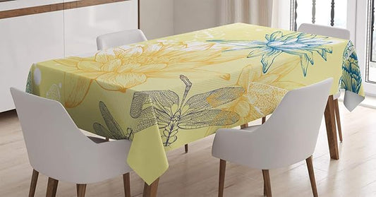 Ambesonne Dragonfly Tablecloth, Boho Style Plants and Dragonflies Sketchy Illustration, Dining Room Kitchen Rectangular Table Cover, 52" X 70", Petrol Blue