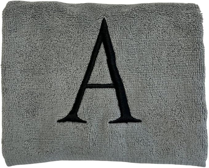 Gray Initial Hand Towel for Bathroom - Monogrammed Luxury Hotel Quality Decorative Embroidered Towel for Powder Room, Spa - GOTS Organic Certified - Set of 2 Black Letter A