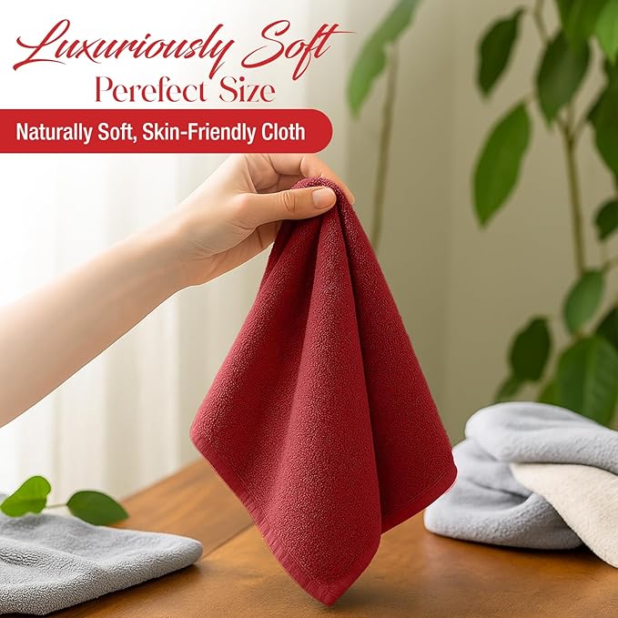 RIVERSIDE 12 Pack Washcloths - 12x12 Inches, 400 GSM, 100% Ring-Spun Cotton - Soft, Absorbent & Durable Face and Body Towels - for Bathroom, Spa, Gym, Makeup Removal & Everyday Use - Red