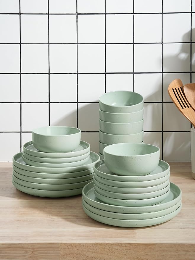 Famiware Dawn 24 Pieces Dinnerware Set, Speckled Plates and Bowls Sets for 8, Matte Dish Set, Microwave and Dishwasher Safe, Light Green