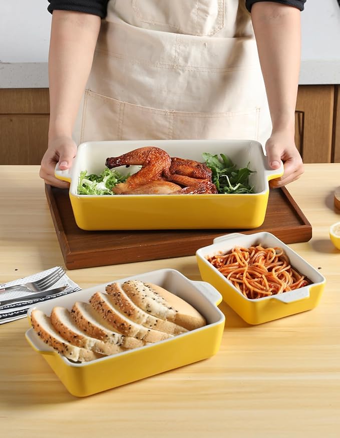 Sweejar Ceramic Bakeware Set, Rectangular Baking Dish for Oven Lasagna Pans for Cooking, Kitchen, Cake Dinner, Banquet and Daily Use, 11.8 x 7.8 x 2.76 Inches of Casserole Dishes (Yellow)