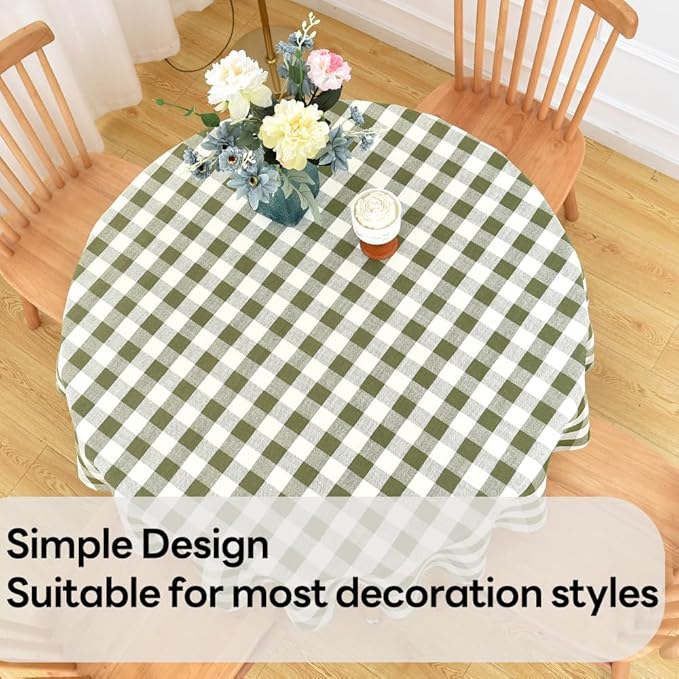 Gingham Round Tablecloth Table Cloth Heavy Duty Cotton Checkered Table Cloth Round Cover for Dining Room(R-Green, 53 inch Diameter)