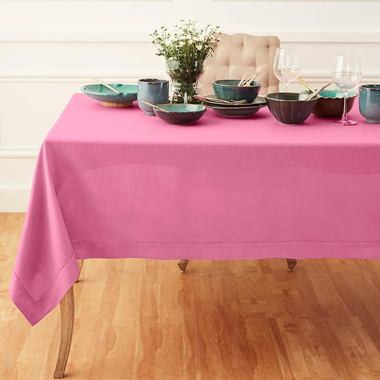 Solino Home Linen Flamingo Pink Tablecloth 60 x 144 Inch - Classic Hemstitch, 100% Pure Linen Rectangular Tablecloth - Machine Washable Table Cloth for Valentines