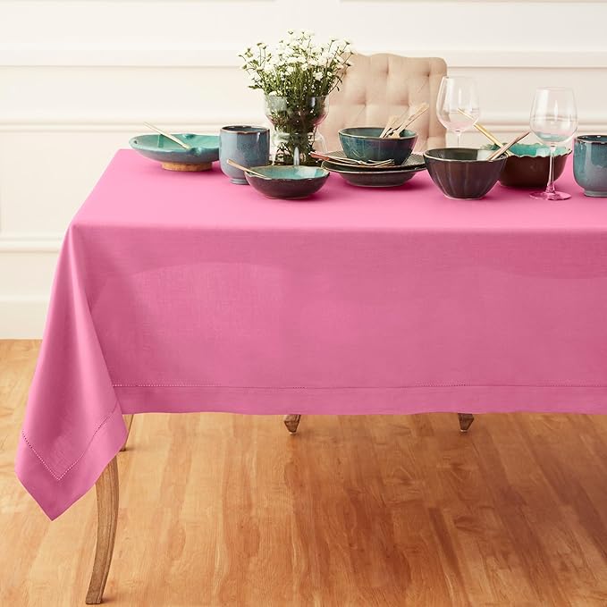 Solino Home Flamingo Pink Linen Tablecloth 60 x 132 Inch - Classic Hemstitch, 100% Pure Linen Rectangular Tablecloth - Machine Washable Table Cloth for Valentines