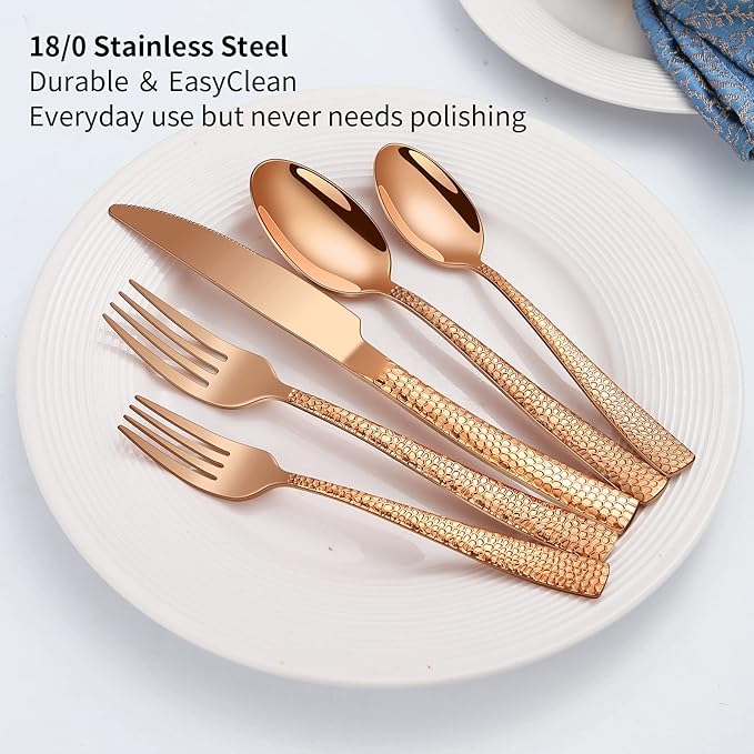 20-Piece Rose Gold Hammered Stainless Steel Flatware Set for 4, Including Fork, Knife, Spoon Set, Home Kitchen Cutlery Sets, Dishwasher Safe