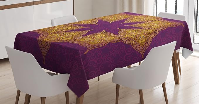 Ambesonne Purple Tablecloth, Traditional Mandala Moroccan Royal Colors Mystic Cosmos Theme Print, Rectangular Table Cover for Dining Room Kitchen Decor, 52" X 70", Violet Yellow