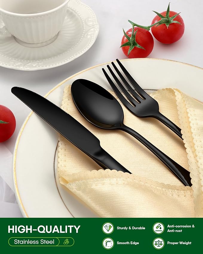 40 Piece Black Silverware Set, Stainless Steel Flatware Set for 8 Food Grade Cutlery Utensil Set Include Knife Fork Spoon Mirror Polished Dishwasher Safe