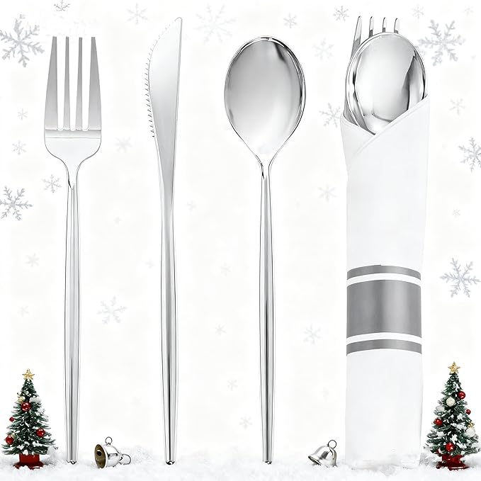 SUT 50 Pack Pre Rolled Silverware Set Disposable, 200 Pcs Silver Plastic Utensils Include 50 Forks, 50 Knives, 50 Spoons and 50 Napkins, Plastic Cutlery, Wrapped Silverware Set Disposable for Party