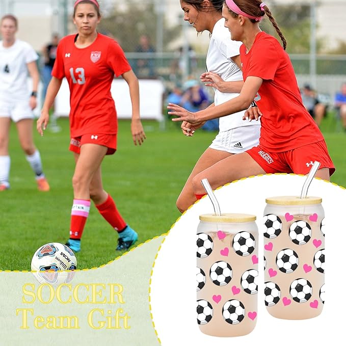 Soccer Gifts, Iced Coffee Cup, 16 oz Glass Cups with Lids Straws, Soccer Accessories, Birthday Christmas Gifts for Women Mom Coach Players Teams Sport Lovers, Party Favors