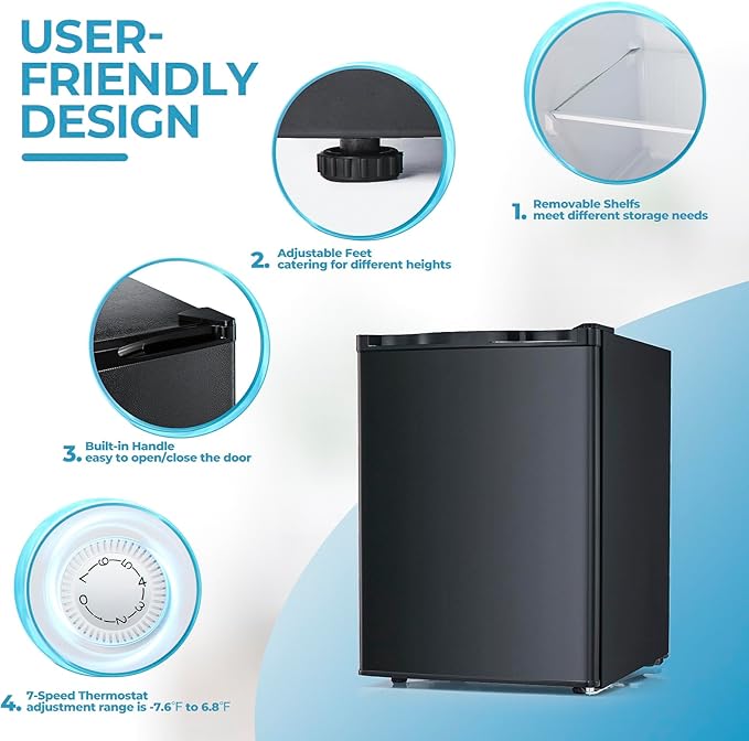 2.2 Cu.ft Upright Freezer, Small Mini Freezer with Adjustable Thermostat, Removable Shelves, Reversible Single Door, for Bedroom/Home/Dorms/Apartment (Black)