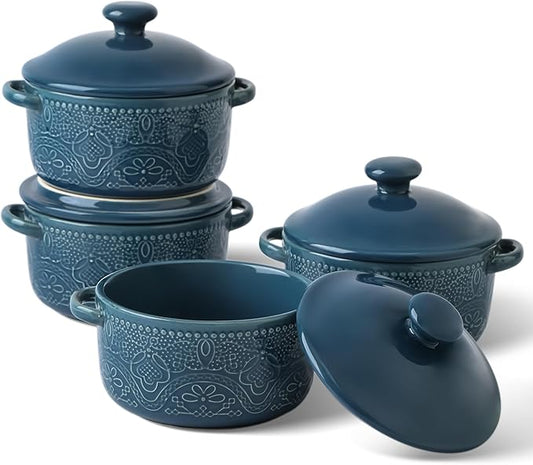 Mini Cocotte Set, 10 OZ Small Casserole Dishes with Lids, Ceramic Kitchen Casserole Sets With Handles, French Onion Soup Bowls, Soup Crocks for French Onion, Desserts, Beef Stew, Cereal, Pot Pies, Set of 4 (Blue)