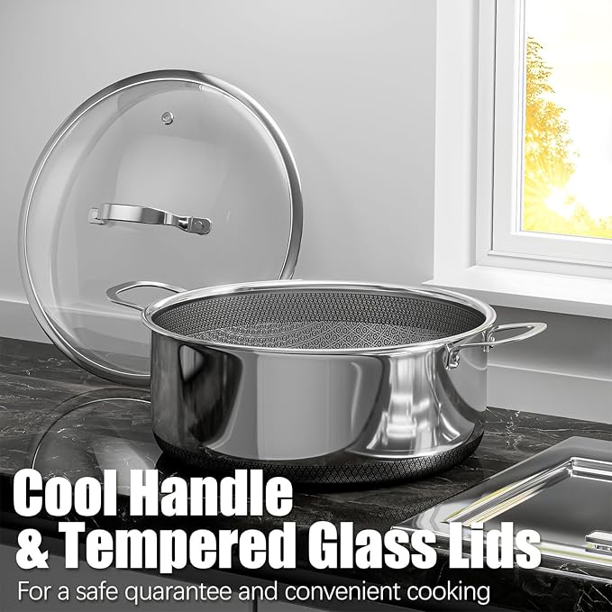 6 QT Stainless Steel Stock Pot with Lid, 10-inch Sauce Pan Induction Cookware, PFOA Free 5-Ply Simmer Pot with Non Stick Coating, Dual Ear Handles Cooking Pot Oven & Dishwasher Safe Easy to Clean