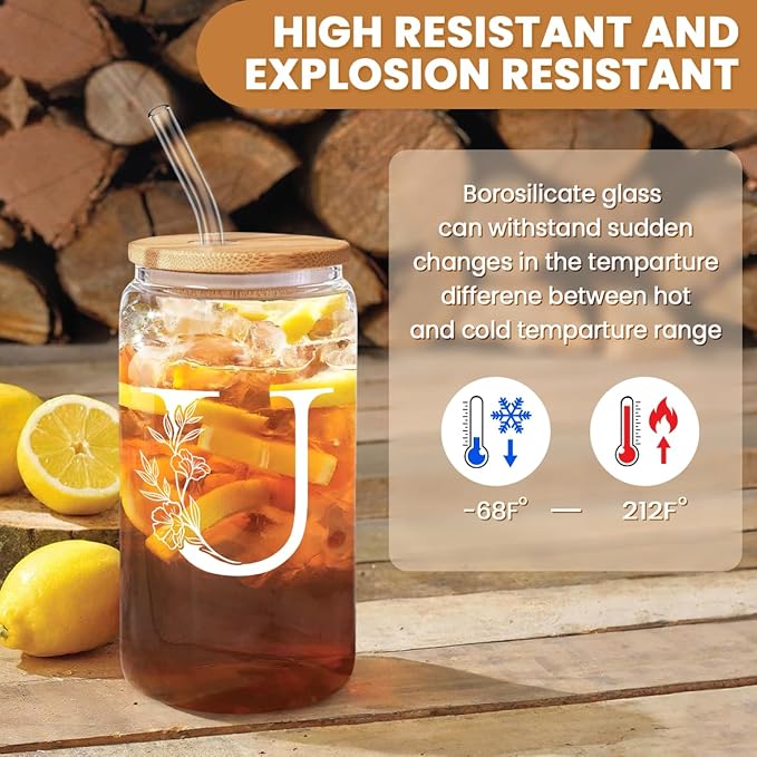 SANDJEST Monogrammed Gifts for Women - Monogram U Initial Glass Cup 16 Oz Can Coffee Cups with Lid and Straw - Monogram Initials Gifts for Womens on Birthday