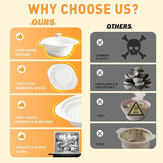 44oz White Silicone Steamer Microwave, Collapsible Vegetable Steamer Microwave with Magnetic Lid, Space-Saving Design, Dishwasher Safe Silicone Bowl for Cooking Veggies, Dumplings, Healthy Cooking