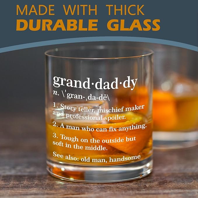 kunlisa Granddaddy Grandpa Whiskey Glasses, Best Granddaddy Gifts for Father's Day Birthday from Grandkids, 10 oz Drinking Rocks Glasses for Men Whisky Cocktail Scotch Bourbon Liquor