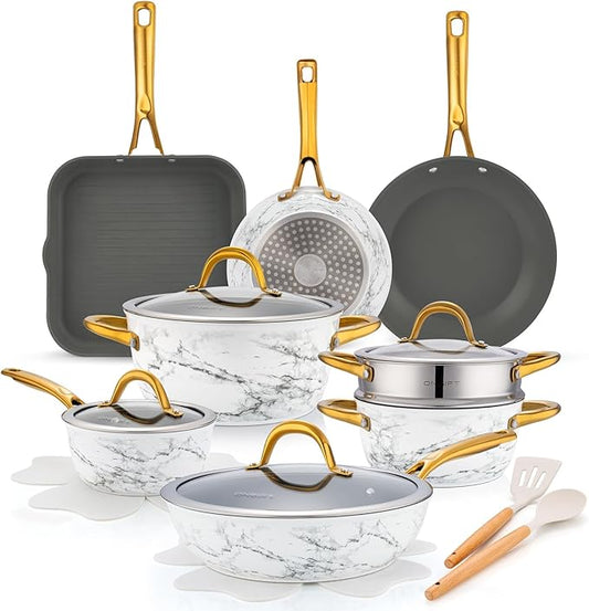 16Pcs Nonstick Cookware Sets, Kitchen Pots and Pans Set Non Stick for Cooking, Non Toxic Induction Cookware, Oven & Dishwasher Safe, Mable White