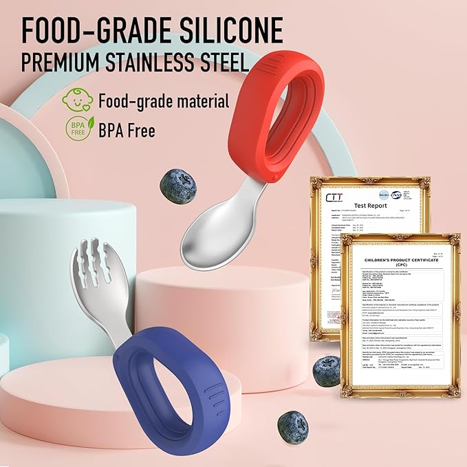 Toddler Utensils Baby Utensils Toddler Forks and Spoons Baby Forks and Spoons Set Kids Stainless Steel Silverware Set Children Safe Forks and Spoons self feedig-Dishwasher Safe(Red+Blue)