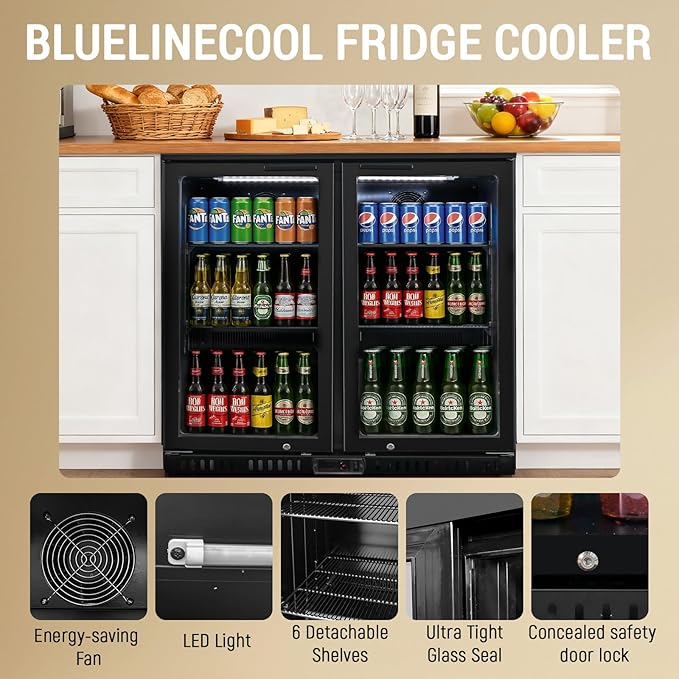 Commercial Back Bar Cooler with 2 Glass Doors, 7.4 cu.ft Under Counter Beverage Refrigerator, LED Lighting - ETL Certified Beer and Wine Cooler for Bar, Restaurant, Garage, Office, Home