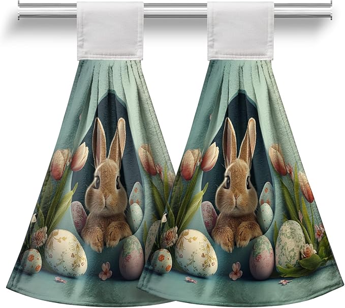 Easter Bunny Hanging Kitchen Towels 2 Pcs Easter Rabbit Eggshell Dish Tie Towels Spring Tulip Flowers Hand Towel with Hanging Loop for Bathroom Soft Home Kitchen Decor
