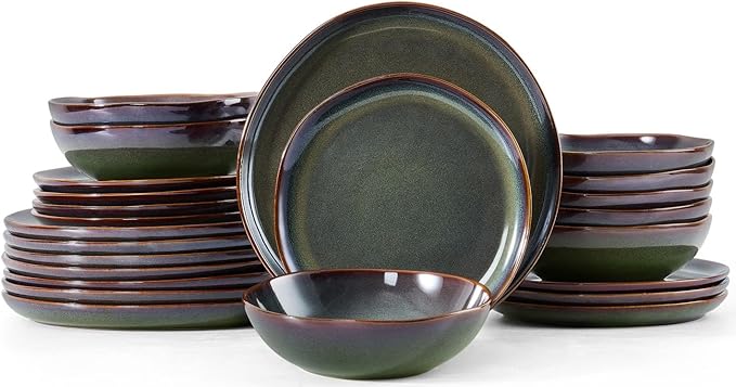 Herogo Stoneware Dinnerware Sets for 8, 24 Piece Plates and Bowls Dish Set, Irregular Handmade Dinner Ware Dishware for Kitchen Dinning, Microwave & Dishwasher Safe, Lichen Green