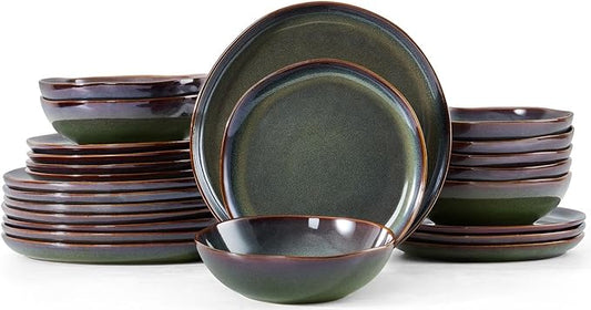 Herogo Stoneware Dinnerware Sets for 8, 24 Piece Plates and Bowls Dish Set, Irregular Handmade Dinner Ware Dishware for Kitchen Dinning, Microwave & Dishwasher Safe, Lichen Green