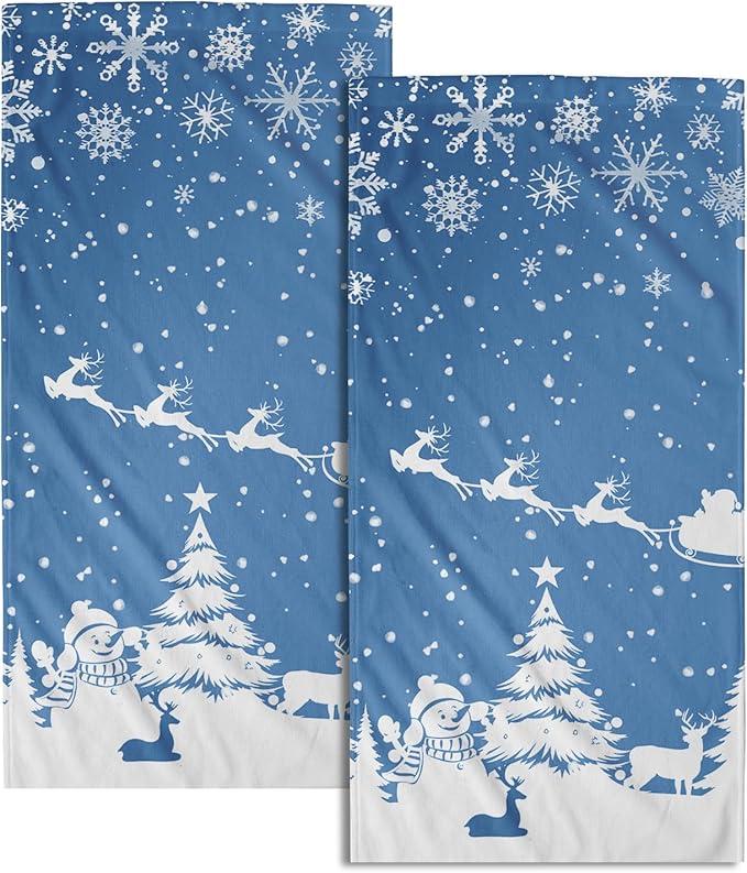 Imiss Snowman Xmas Tree Hand Towels Set of 2 - Christmas Elk Reindeer Bathroom Guest Towel 14.4 x 28.3 Inch Blue Decorative Snowflakes Washcloth for Winter Holiday Kitchen Gift