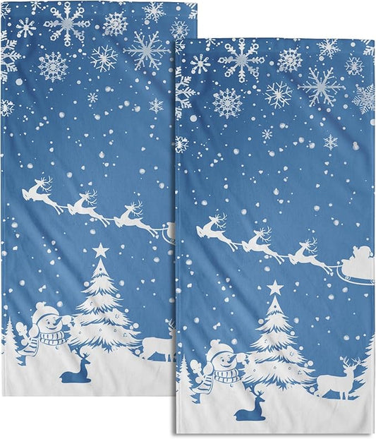 Imiss Snowman Xmas Tree Hand Towels Set of 2 - Christmas Elk Reindeer Bathroom Guest Towel 14.4 x 28.3 Inch Blue Decorative Snowflakes Washcloth for Winter Holiday Kitchen Gift