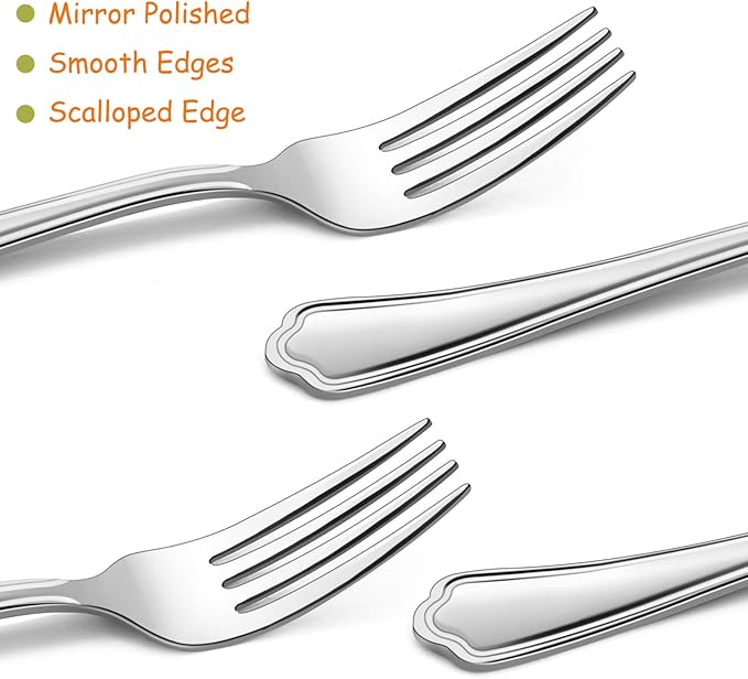 Salad Forks Set of 12, E-far 6.7 Inch Stainless Steel Dessert Forks for Home, Kitchen or Restaurant, Non-toxic & Mirror Polished, Scalloped Edge & Dishwasher Safe