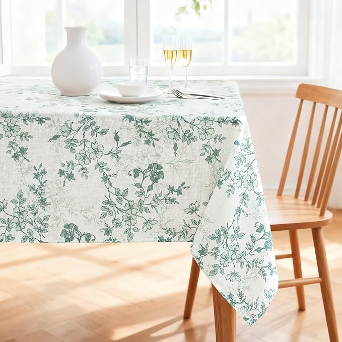 H.VERSAILTEX Linen Table Cloths Floral Printed Tablecloth Spill-Proof Waterproof Table Cover for Dining Buffet Feature Soft and Thick Fabric Wrinkle Free, 60 x 84 Inch, Retro Floral - Sage
