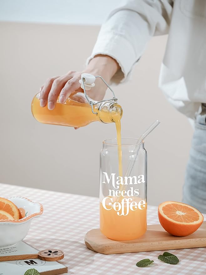 Christmas Gifts for Mom, 16 Oz Coffee Can Glass Cups, Drinking Cup with Lid and Straw, Moms Gift from Daughter and Son, Christmas Mothers Day Birthday Present Ideas for Mother, New Moms, Mom To Be