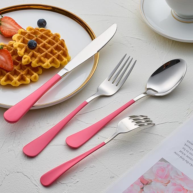 20-Pieces Pink Silverware Sets for 4,Pink Handle Stainless Steel Cutlery Set, Include Forks Spoons and Knives Set, Dishwasher Safe Utensil Sets for Home Restaurant