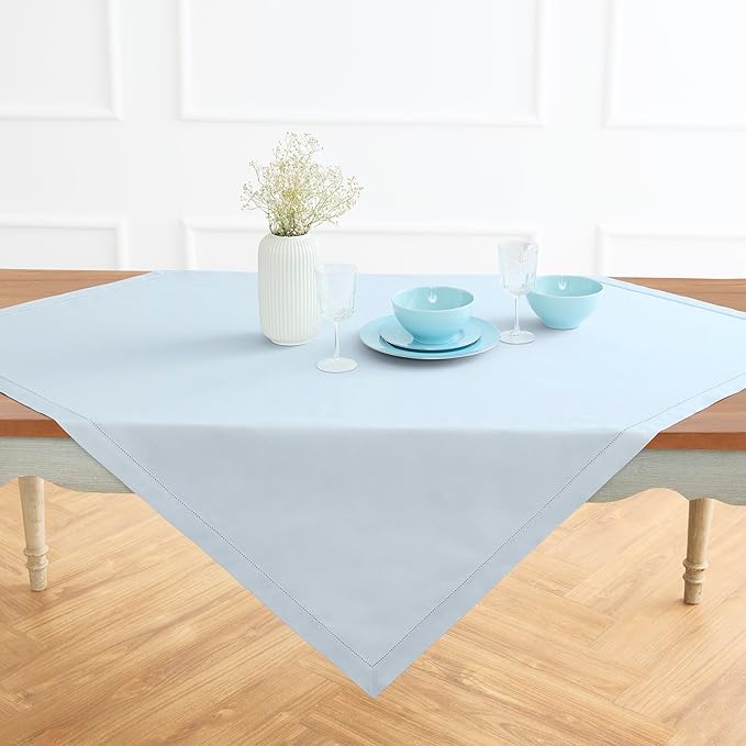Solino Home Light Blue Cotton Linen Tablecloth 52 x 52 Inch - Hemstitch Square Table Throw - Machine Washable Tablecloth for New Year