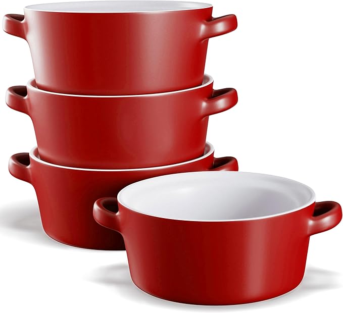 Kook Soup Crocks, Ceramic Stackable Bowls, Broil, Oven, Microwave and Dishwasher Safe, with Handles, For Casserole, Pasta, Cereal, Capacity 18 oz, Set of 4, (Matte Red)
