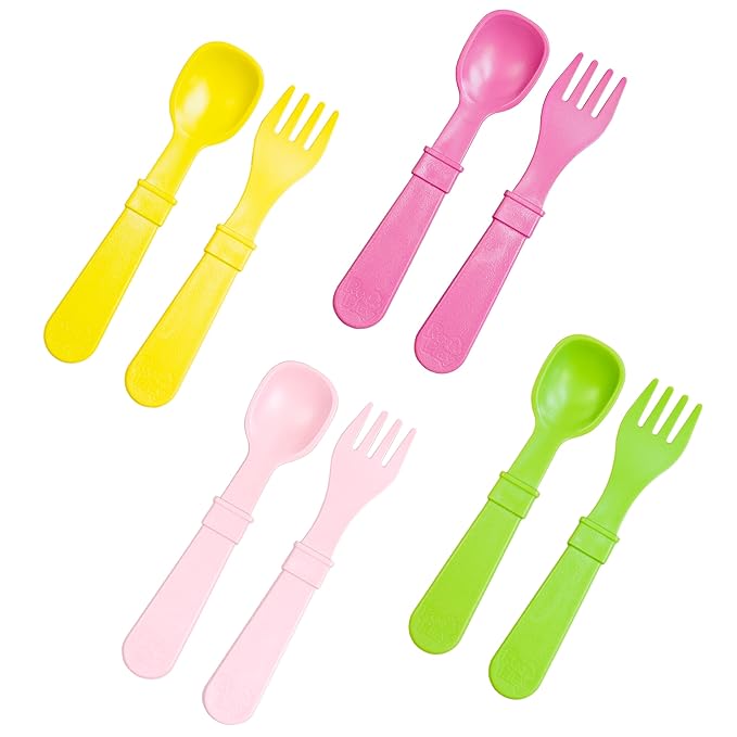 Re-Play Toddler Forks and Spoons Set - 4x4 Toddler Utensils Set - Dishwasher and Microwave Safe - Made in USA - Pack of 8-5.8" x 1.2" x 0.2" - Tulip