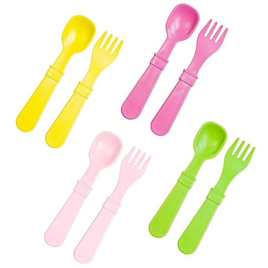 Re-Play Toddler Forks and Spoons Set - 4x4 Toddler Utensils Set - Dishwasher and Microwave Safe - Made in USA - Pack of 8-5.8" x 1.2" x 0.2" - Tulip