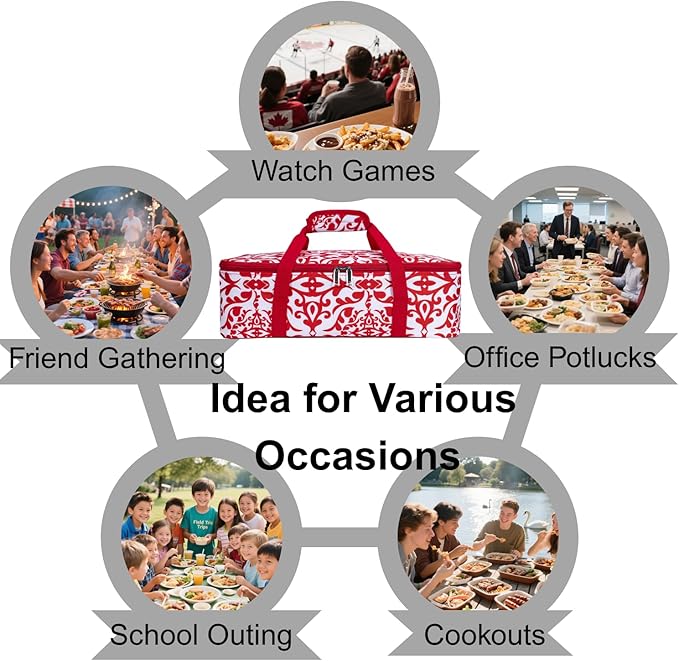 Insulated Casserole Baking Dish Carrier Portable Lunch Tote Bag Fits Up to 9"x13" Pan for Transport to Keep Food Hot/Cold for Gathering/Potluck Parties/Cookouts/Camping/Picnics/Offices-Red/white