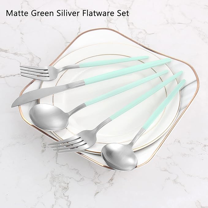 Matte Green Silver Silverware Set, 20-Piece Stainless Steel Flatware Set, Satin Finish tableware Cutlery Set, Service for 4, Home and Restaurant, Dishwasher Safe